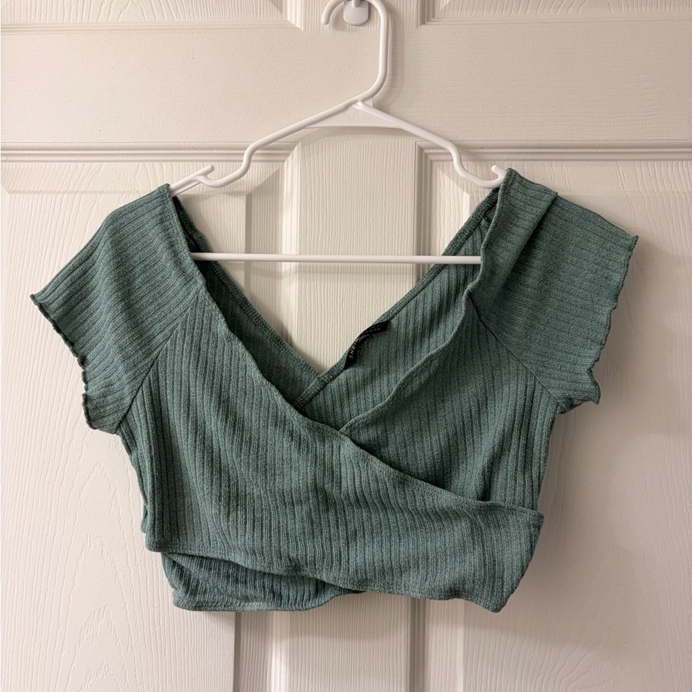 SHEIN Sage Ribbed Wrap Crop Top